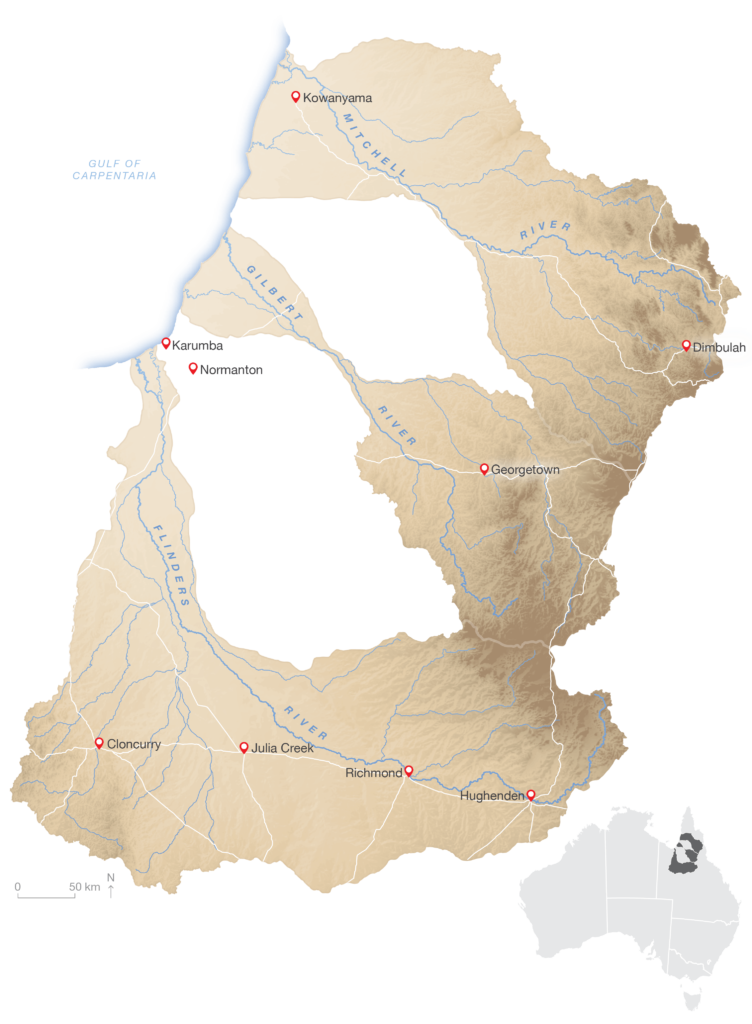 Map of the Flinders, Mitchell and Gilbert Rivers catchments near the Gulf of Carpentaria.