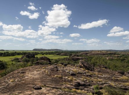 Photo of Ubirr looking out over the floodplain with scattered clouds