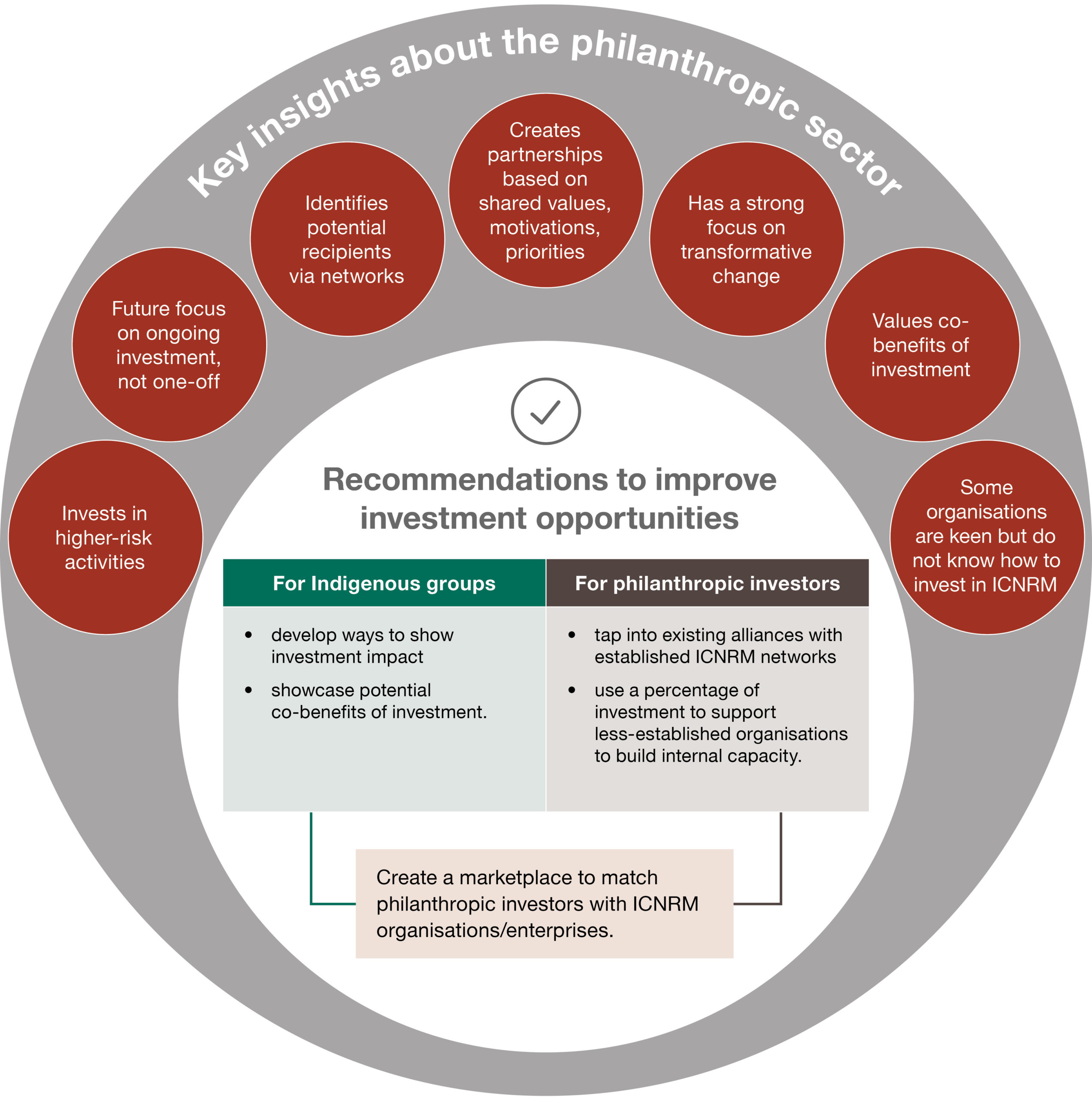 Figure: Key insights and recommendations to increase investment opportunities between the ICNRM and philanthropic sectors.
