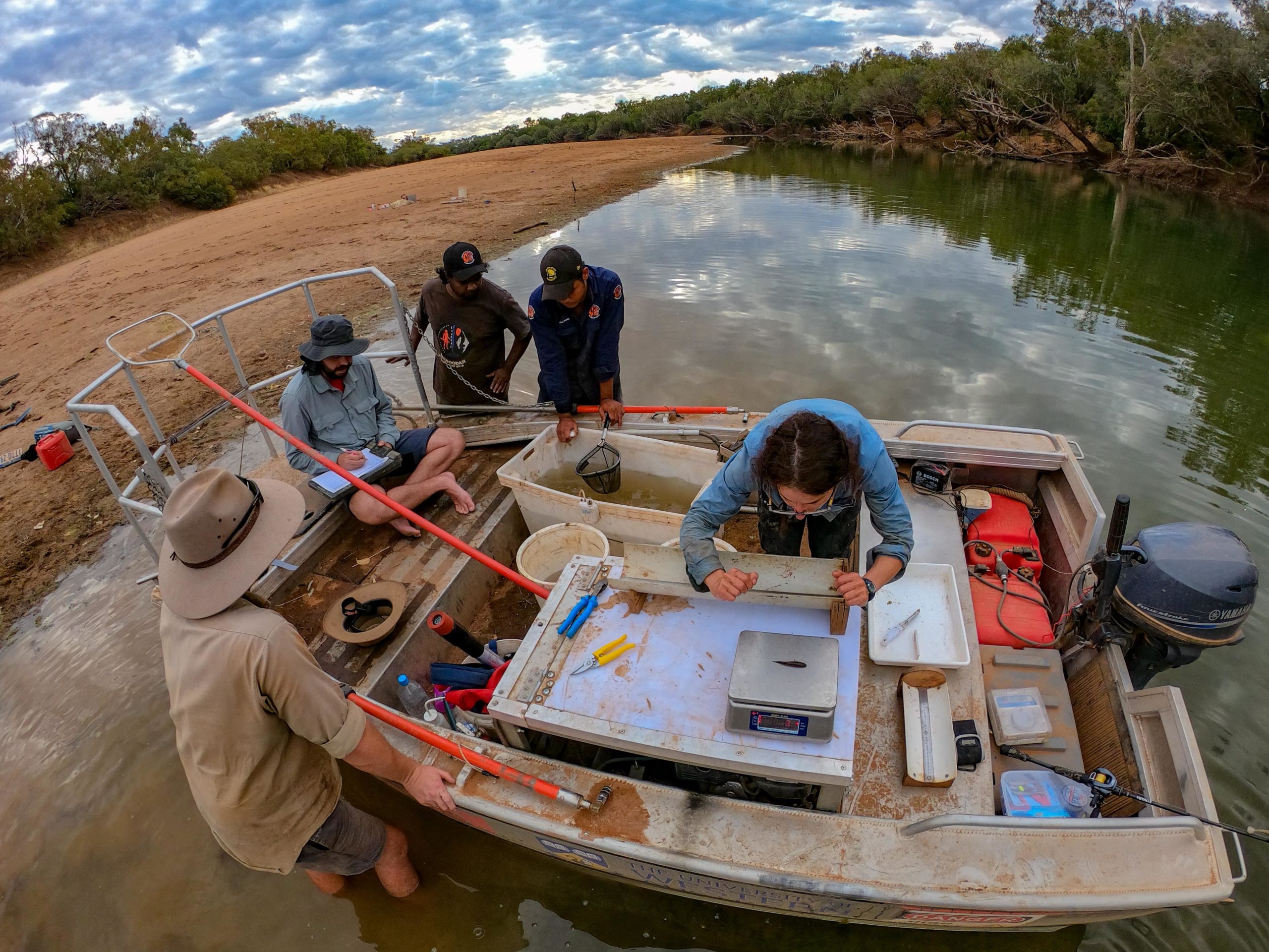 Researchers and Indigenous rangers surround a research boat on the banks of the Fitzroy River in Western Australia.